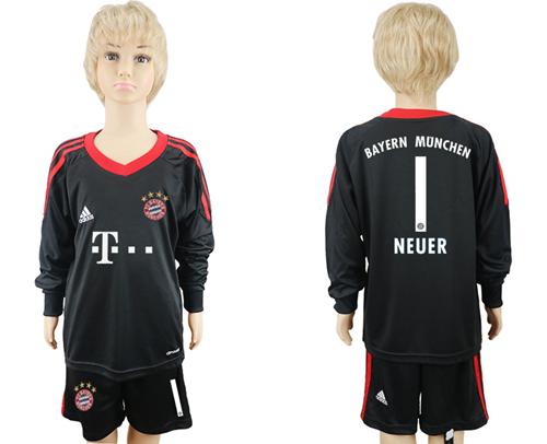 Bayern Munchen #1 Neuer Black Goalkeeper Long Sleeves Kid Soccer Club Jersey